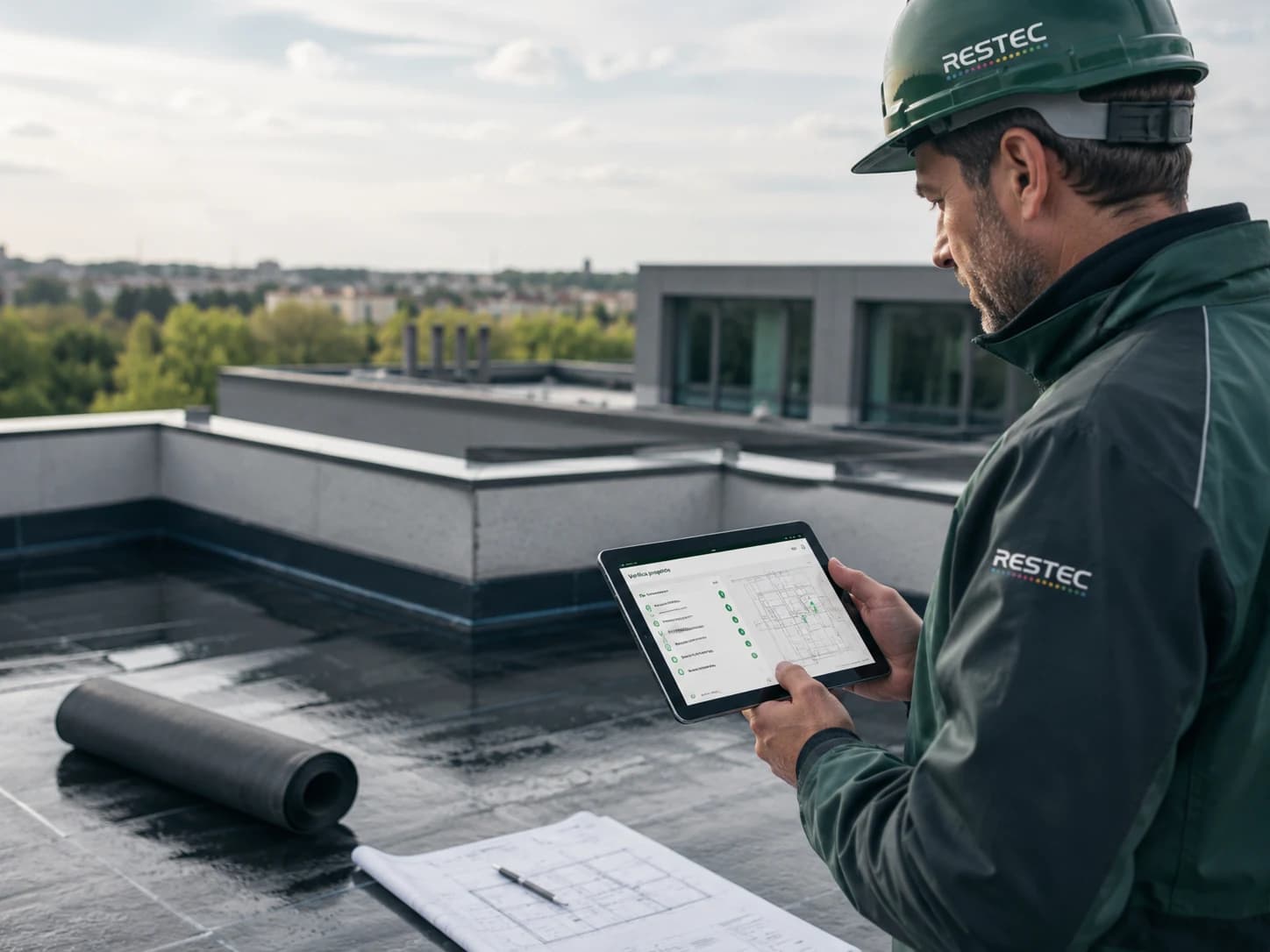 RESTEC-Techniker bei der Dachprüfung mit digitaler Projektunterstützung